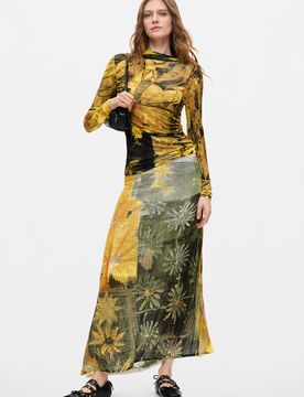 Jupe longue imprimée, , Viscose, Vert, XS