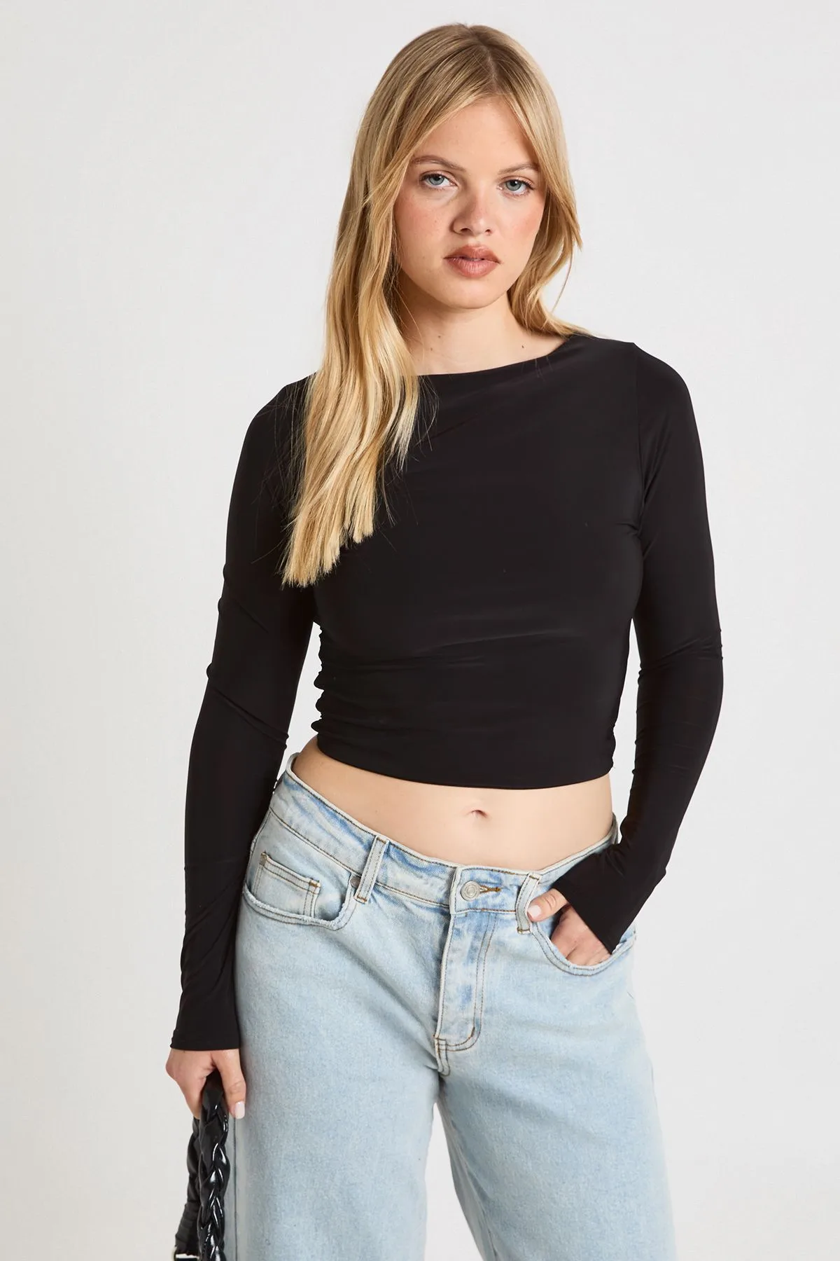 Womens Petite Double Layer Slinky Long Sleeve Top - Black Elastane - Size 10 Uk - Boohoo - FashionsVida