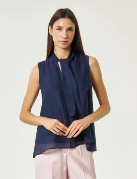 Blusa senza maniche blu in organza di viscosa con fiocco da annodare - Emme Marella - FashionsVida