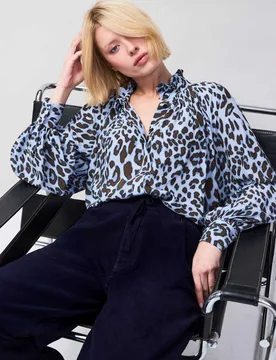 Animal Print High Neck Blouson Sleeve Blouse Light Blue Mix female - RO&ZO - FashionsVida