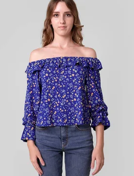 Women's Off Shoulder Bardot Top in Blue Size: 14 - Blue - Size: 14 - Enorsia - FashionsVida