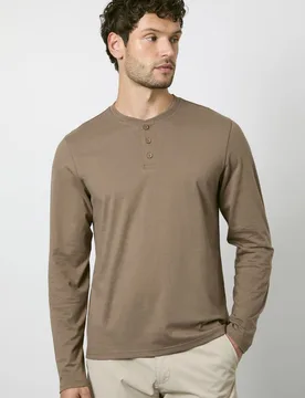 Men's Walnut Long Sleeve Grandad Neck T-shirt in Taupe Size: XL - Taupe - Size: XL - Burton - FashionsVida