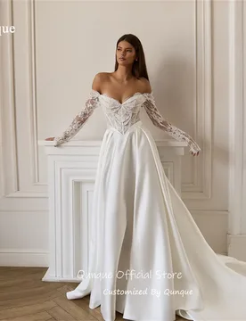 Qunque Luxurious Floral Lace Wedding Dress Illusion Sleeves Evening Dresses A Line Off Shoulder Vestido De Novia Boda Customized - Aliexpress - FashionsVida