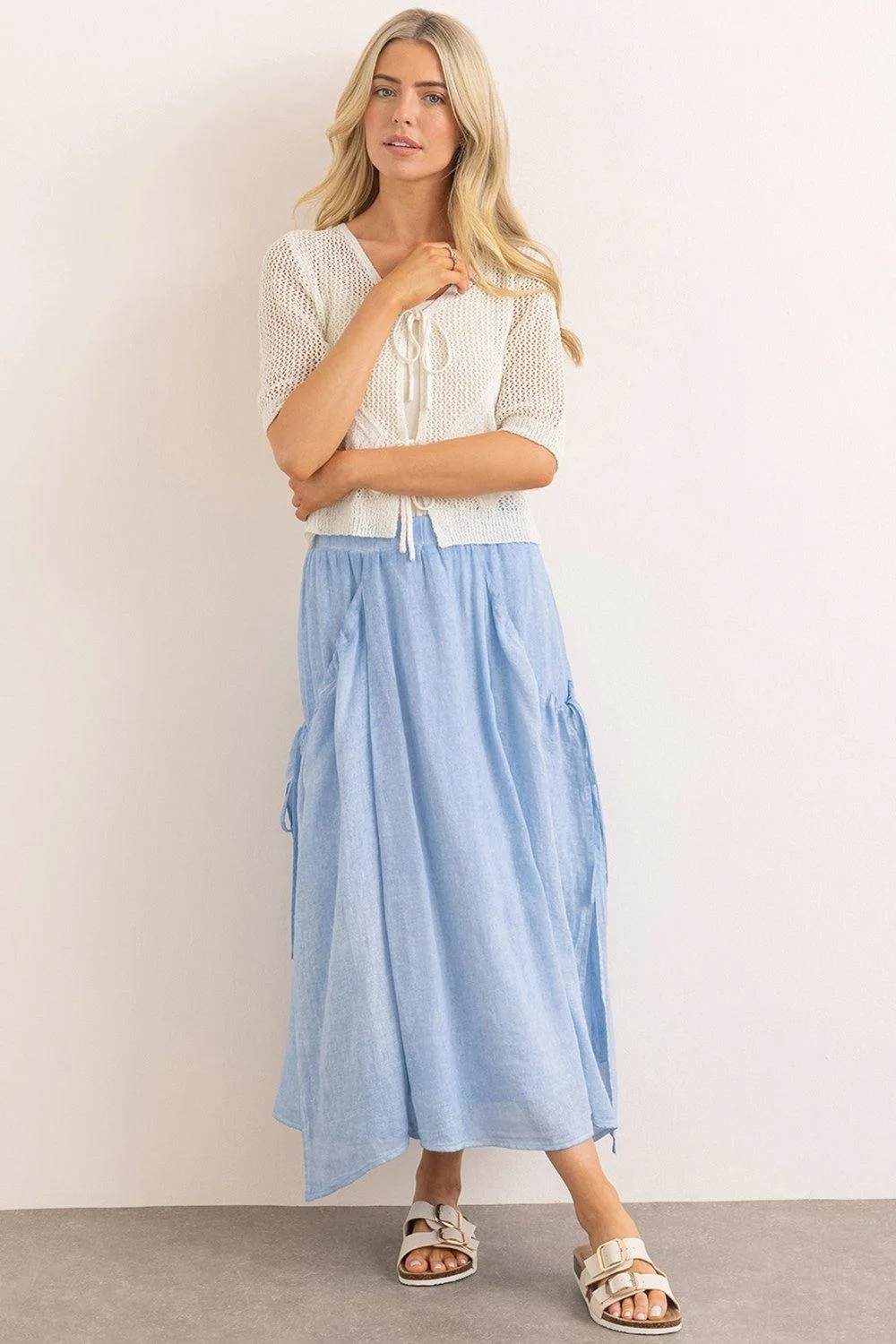 Women's Linen Blend Pull On Midi Skirt in Blue Size: XL - Blue - Size: XL - Klass. - FashionsVida