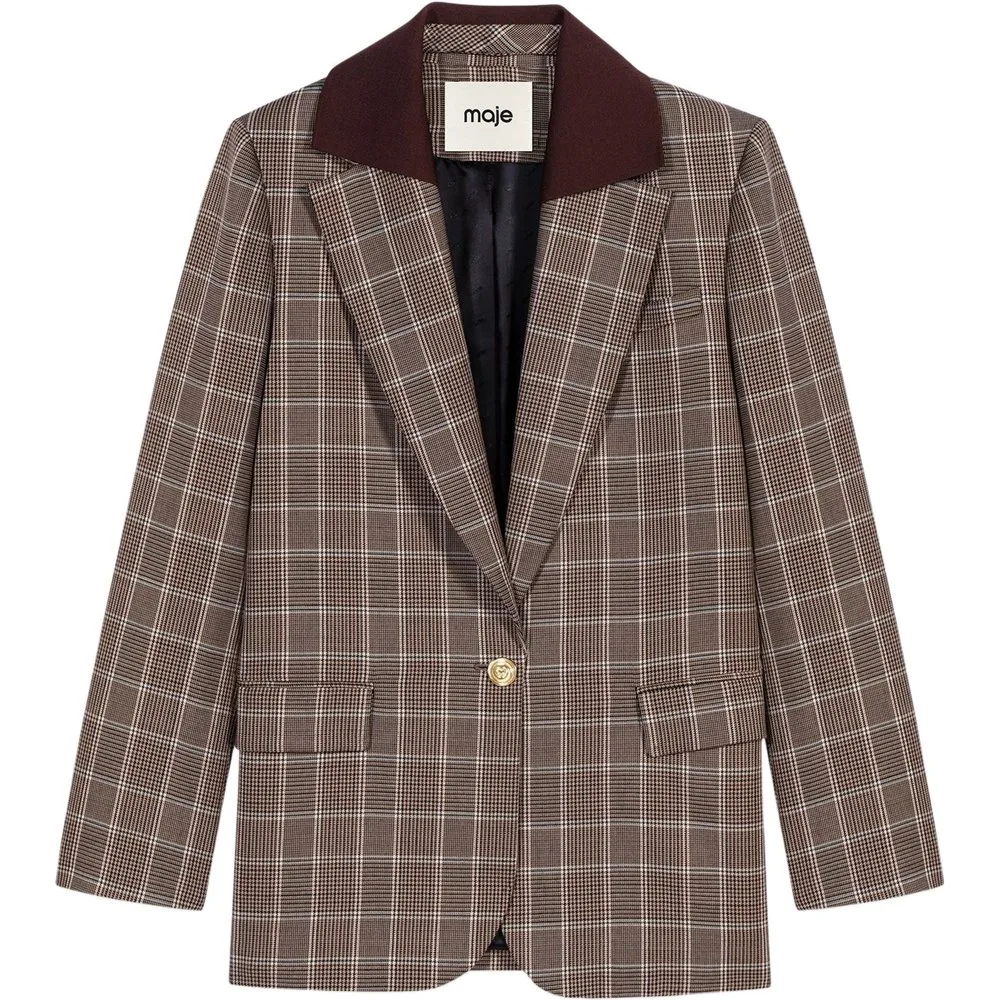 Blazer de mujer príncipe de gales de lana y algodón con cuello extraíble - Maje - FashionsVida