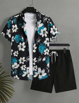 Conjunto de 2 piezas para hombre con camisa de manga corta con estampado floral y pantalones cortos con cintura de cordón, atuendo de playa de verano