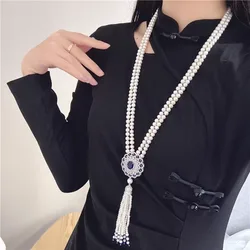 Strands Cultured White Pearl Necklace CZ Pave Pendant