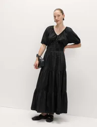 Pure Cotton Tie Neck Midaxi Waisted Dress Black female