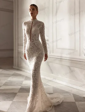Sequined Mermaid Lace Wedding Dresses Luxury 2025 Full Sleeve High Neck Zipper Back vestido de novia para boda Customized - Aliexpress - FashionsVida