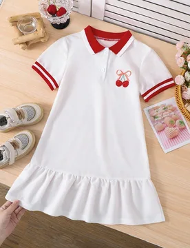 Vestido casual de punto con cuello y ajuste ceñido con estampado de cerezas para niña - Shein - FashionsVida