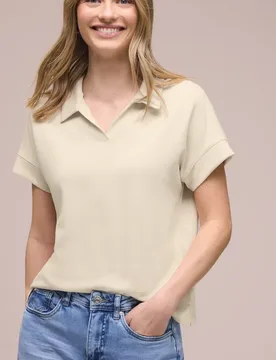 Kurzarm Poloshirt mit Rippdetail female Beige - Street One - FashionsVida