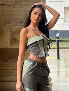 Petite Colourblock Bandeau Corset Top - Light Khaki - Size: 12 - PixieGirl - FashionsVida