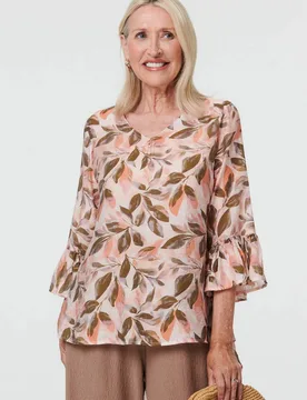 Women's Leaf Print 3/4 Flared Sleeve Blouse in Pink Size: 10 - Pink - Size: 10 - Izabel London - FashionsVida