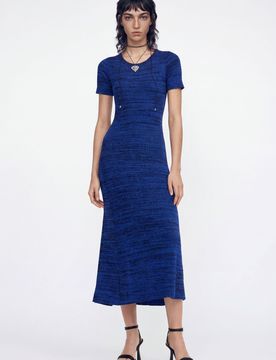 Robe longue tissu côtelé jaspé, Bleu, XS