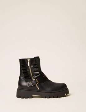 Bottines motardes en cuir avec fronces