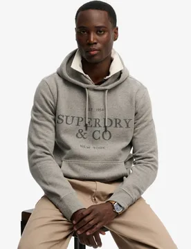 Superdry Herren Baumwolle Logo Druck 1954 Company Kapuzenpullover in Lockerer Passform, Dunkelgrau - Größe: M - 79.99 - FashionsVida