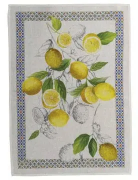 Canovaccio Cetara in lino bianco a fantasia costiera Amalfitana gialla e blu - Tessitura Toscana Telerie - FashionsVida
