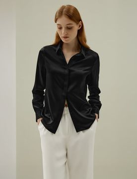 Donna Camicia Manica Lunga Seta Charmeuse Lucida Nera Taglia L