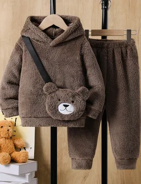 Conjunto de sudadera con capucha y pantalones de unicolor de felpa para niños pequeños, informal con bolsillos, atuendo de invierno - Shein - FashionsVida