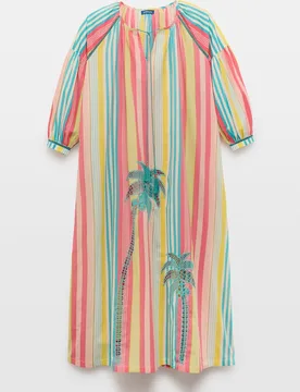 Jo & Mr. Joe - Kaftan largo rayas con bordado de palmera - Jo & Mr. Joe - FashionsVida