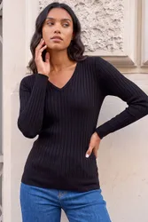 Women's V-Neck Ribbed Knit Jumper in Black Size: 10 - Black - Size: 10
