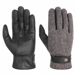 Herringbone Wool Leather Gloves by - black-grey - Herren - Size: 9 1/2 HS