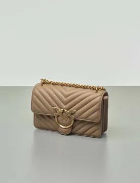 Mini Classic Bag Chevron in pelle color tortora con fibbia Love Birds dorata e tracolla a catena regolabile - PINKO - FashionsVida