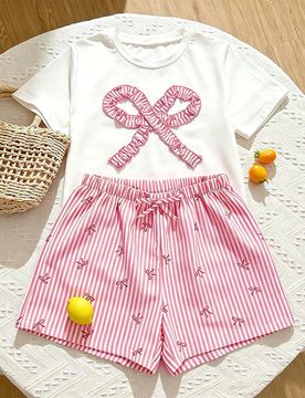 Conjunto de 2 piezas para niñas preadolescentes de verano, camiseta blanca holgada de manga corta y cuello redondo con decoración de patrón de lazo
