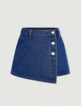 Falda pantalón asimétrica de mezclilla con botones delanteros en azul claro, perfecta para el estilo Y2K de vacaciones de verano para niña preadole - Shein - FashionsVida