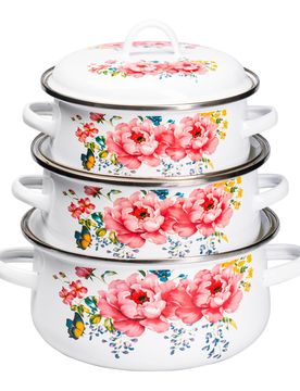 Emaille-Topfset "Sommer-Blüten", 3 Stück weiss rosa