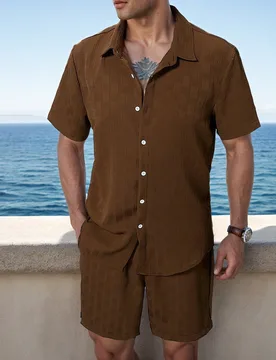 Conjunto de camisa de manga corta para vacaciones de hombre maduro, camisa a rayas y pantalones cortos con cintura con cordón sin camiseta, lino, reg - Shein - FashionsVida