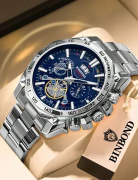 Reloj de cuarzo de lujo para hombres BINBOND, con esfera decorativa de moda, casual militar deportivo, de acero inoxidable y resistente al agua - Shein - FashionsVida
