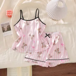 Conjunto de pijama de 2 piezas para niñas preadolescentes de verano con rayas rosas y blancas y estampado de oso de dibujos animados, camisones sin m