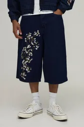 Herren Geblümt Bestickte Lange Jeans Hosen-Shorts Indigo Größe 30