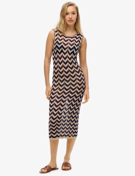 Superdry Damen Midi-strickkleid mit Zickzackmuster Navy - Größe: 40