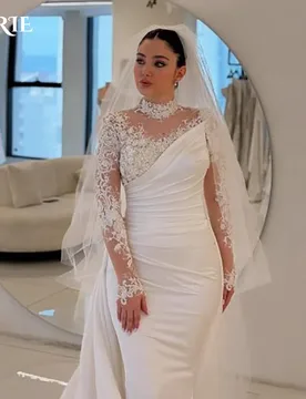 LORIE Lace Beach Wedding Dresses 3D Floral Applique High Collar Detachable Train Mermaid Bridal Gown vestido de novia Customized - Aliexpress - FashionsVida