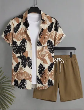 Conjunto de camisa de manga corta y pantalones cortos con estampado de plantas tropicales para hombre, atuendo de playa - Shein - FashionsVida