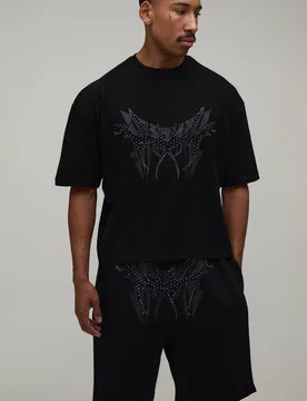 Men's Oversized Boxy Studded T-Shirt & Relaxed Short Set Black Size Small Black S - boohooMAN - FashionsVida