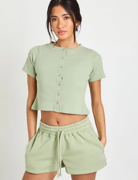 Womens Ribbed Button Through Cap Sleeve Top And Short Tracksuit - Green Cotton - Size X-Large - Boohoo - FashionsVida