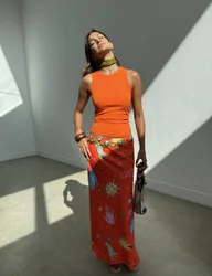 Embroidered Ribbed Vest Top Orange female