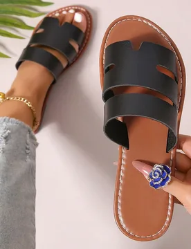 Sandalias de tiras nueva moda primavera/verano, casuales, de slip-on, cómodas, con tacón plano y punta abierta para mujer, diseño sencillo apto par - Shein - FashionsVida