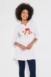 Women's Graphic Print Jersey Tunic Top with Godet Skirt Panels in White Size: 12 - White - Size: 12