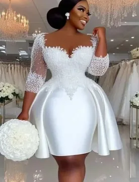 New Short Wedding Dress 2026 Sheer Neck Half Sleeves Lace Appliques Pearls Satin Bridal Bride Gown vestidos de novia - Aliexpress - FashionsVida