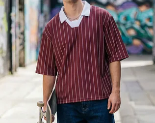 Contrasting Collar Striped Lapel T-Shirt Short Sleeve Men's Summer Versatile