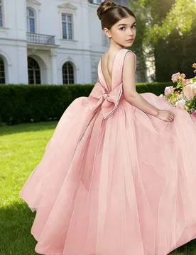 Vestido largo elegante de tul con lazo de perlas rosas para niñas, vestido de princesa para niña de las flores, baile, fiesta de cumpleaños - Shein - FashionsVida