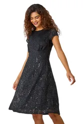 Womens Sequin Fluted Hem Lace Stretch Dress - Black - Size 14 Uk