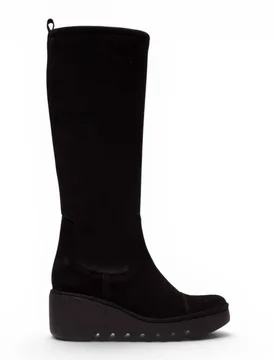 Women's Fly London Leather High Wedge Heel Long Boots - BUDI603 in Jet Black Size: 8 - Jet Black - Size: 8 - Infinity Leather - FashionsVida