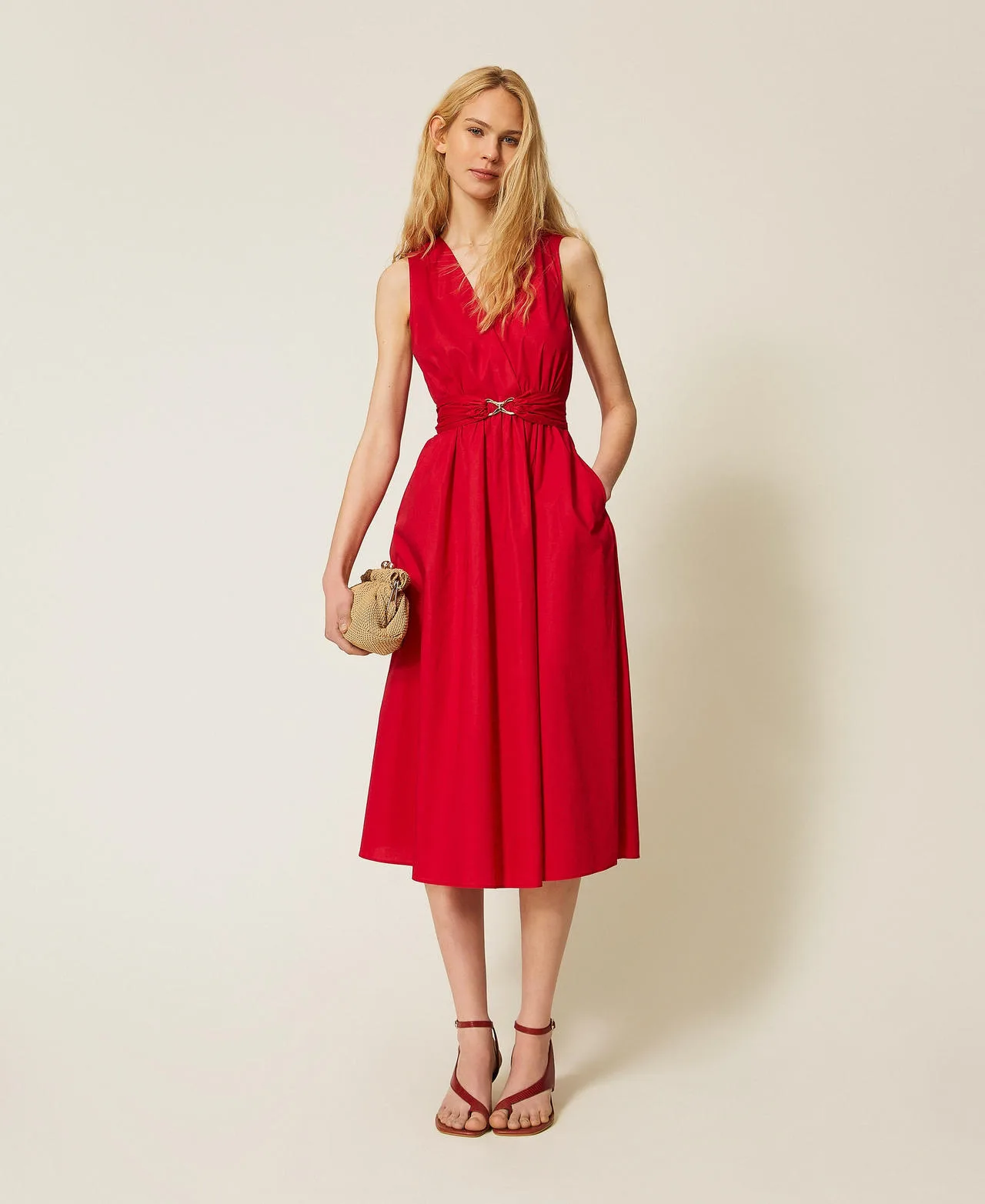 Robe midi en popeline avec ceinture siglée - TWINSET - FashionsVida