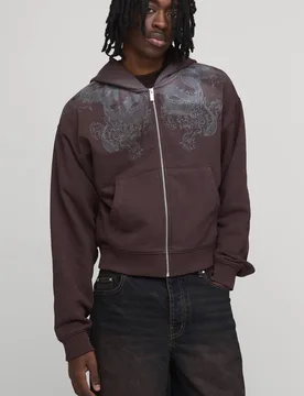 Men's Shrunken Fit Dragon Graphic Washed Zip Through Hoodie Chocolate Size Medium Chocolate M - boohooMAN - FashionsVida