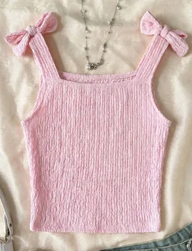 Camiseta de punto ajustada con cuello cuadrado, textura de encaje, bordado y patchwork para niñas preadolescentes en vacaciones - Shein - FashionsVida